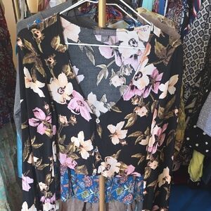 Kendall & Kylie Black Floral V-Neck Button Front Top with Pink and Cream Flowers